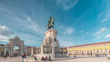 Praca do Comercio or Commerce Plaza. Statue of King Jose I timelapse hyperlapse.