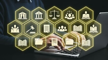 Poster - Person typing on laptop with legal icons overlayed including gavel scales and courthouse graphic
