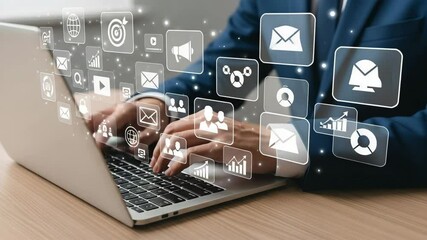 Poster - Person in suit typing on laptop with floating social media and business icons above keyboard