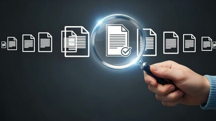 Aufkleber - Hand holding magnifying glass over document with check mark on dark background with files icons