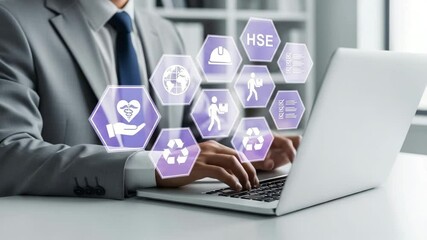 Poster - Man in suit typing on laptop with health safety environment icons hovering above the keyboard area