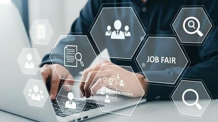 Aufkleber - Person typing on laptop with job fair, recruitment and document icons overlaying the screen view