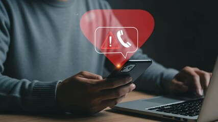 Poster - Person using laptop and phone with alert notification displayed on the smartphone screen overlay