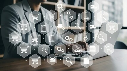 Poster - Person in blazer using laptop with overlayed business process automation icons on a wooden desk