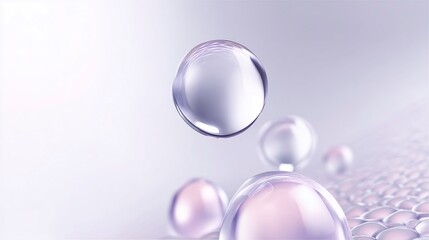 Poster - Transparent bubbles floating above a smooth surface with a soft gradient background, creating a serene and calming atmosphere, ideal for design and creative projects