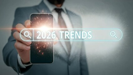 Poster - Man in suit holding phone with search bar displaying “2026 trends” on screen with light flare