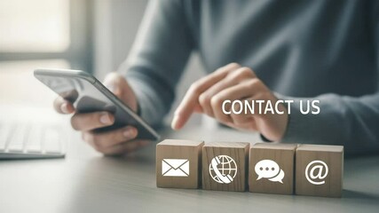 Aufkleber - Person using smartphone near wooden blocks with contact icons on a bright office desk setting