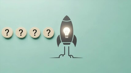 Aufkleber - Question marks and a rocket with a lightbulb on a blue background representing innovation and ideas