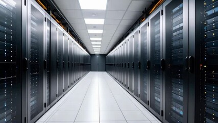 Poster - Server room featuring rows of black data servers with white tiled floor and ceiling, in an industrial setting