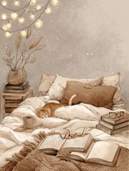 Aufkleber - Cozy Bed Adorned With String Lights, a Sleepy Cat, and an Inviting Book Awaits a Tranquil Evening