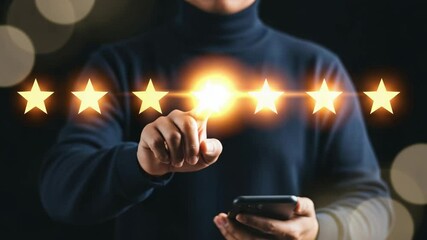 Aufkleber - Person pointing at glowing stars above a smartphone in a dark setting with bokeh lights around
