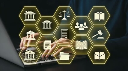 Poster - Person typing on a laptop with legal icons displayed above the keyboard on a dark background