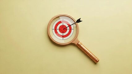 Poster - Arrow hitting bullseye target seen through magnifying glass on a yellow background surface