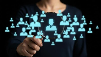 Poster - Person holding magnifying glass over group of people icons on a dark background image scene