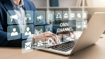 Poster - Person typing on laptop with omni channel icons overlaid in a business setting and wearing a suit