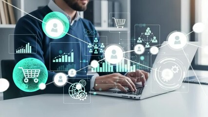 Aufkleber - Man in blue sweater using laptop with digital business icons overlayed on the screen view