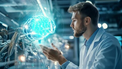 Poster - Scientist Analyzing Digital Brain Model in Laboratory Environment with Robotics Technology Present
