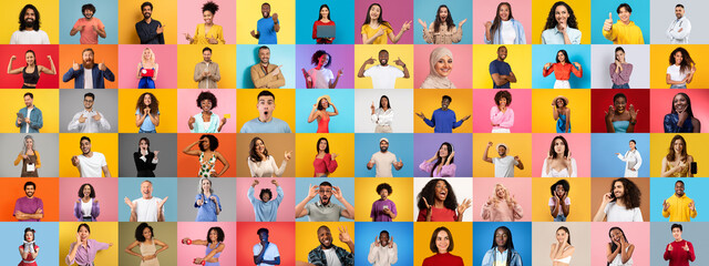 Poster - This lively collage features a multiracial collection of individuals, each displaying distinct facial expressions and gestures against colorful backgrounds.