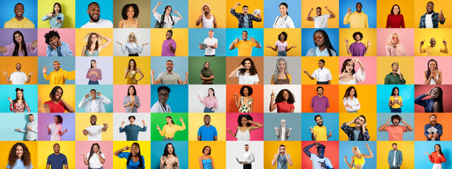 Poster - A vibrant collage featuring a diverse group of people showcasing their personalities. Each individual expresses happiness through gestures and smiles, set against colorful backgrounds.