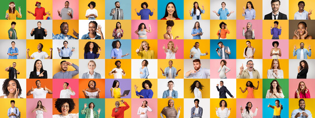 Leinwandbilder - A lively collection of diverse individuals, each displaying unique expressions and styles, against colorful backdrops.