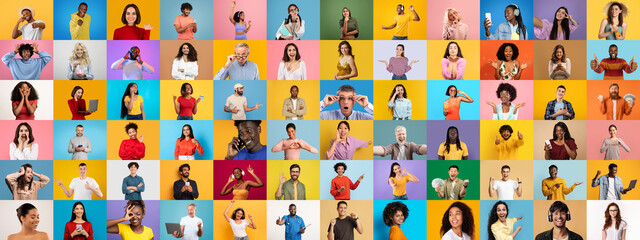Poster - A vibrant collection of portraits showcases a multiethnic group of people expressing different emotions and engaging in various activities against solid pastel backgrounds, highlighting diversity.