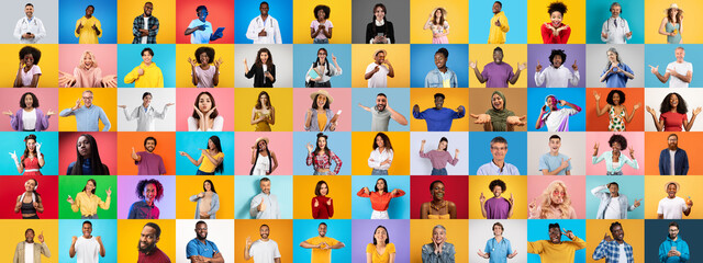 Poster - A vibrant collection of portraits featuring diverse individuals expressing various emotions.