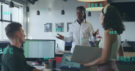 Poster - male presenter clasping hands initiating meeting with floating green stats showing business results