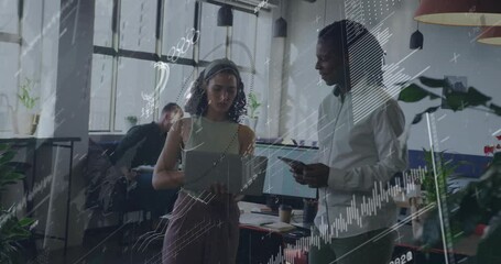 Poster - Woman shifting laptop and man tapping tablet in office as animated charts guiding business insights