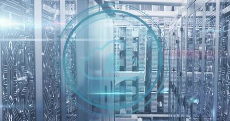 Fototapete - Turquoise Cyber Security fading in drawing ring, sweeping beam highlighting cloud icon over racks