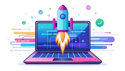 a vibrant illustration of a rocket launching from a laptop screen, surrounded by colorful abstract l