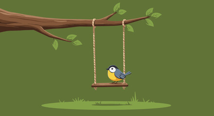 bird on swing hanging from tree branch