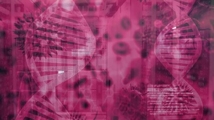 Poster - Overlay opening with code emerging, helices receding, virus particles representing viral analysis