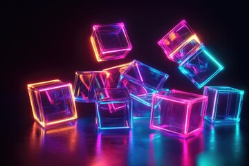 Poster - Floating cubes with glowing edges, casting colorful reflections on a dark surface