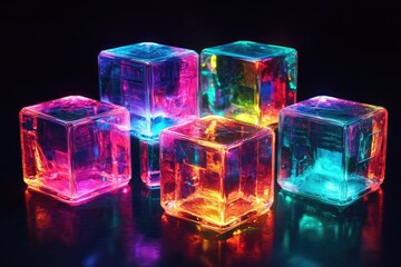 Poster - Colorful, translucent cubes glow against a dark background, creating vibrant reflections