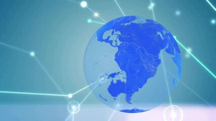 Poster - Upon semi-transparent globe emerging, network lines pulsing and forming visualizing data flow