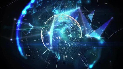 Poster - Floating facets drifting starting globe forming with orbiting data pulsing for network view