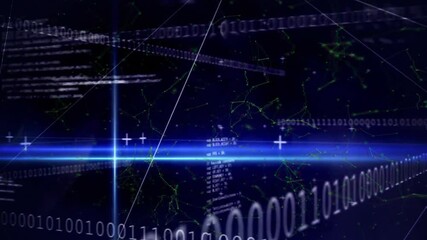 Poster - Starting with blue line and vertical beam emerging, binary digits drifting into 3D network tunnel