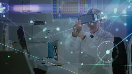 Poster - Senior scientist donning VR headset manipulating glowing network nodes for research data analysis