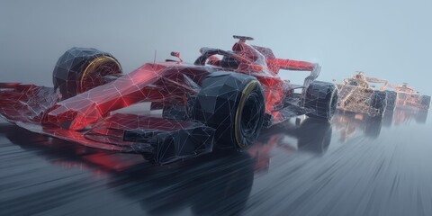 Poster - This stunning digital artwork features minimalistic low polygon racing cars, showcasing sleek designs and dynamic motion on a racetrack. Perfect for modern visuals.