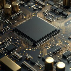 Poster - Complex circuit board with chip and gold traces in detailed, macro close-up