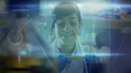 Aufkleber - Lab scientist raising test tube to eye level, examining liquid while holographic overlay evolving