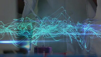 Poster - Lab scientist gripping micropipette and pipetting into tube assaying while 3D waveform responding