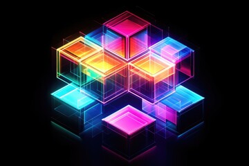 Aufkleber - Neon glowing cubes stacked in pyramid shape against dark background