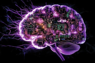 Poster - Artificial brain illuminated with circuit patterns and glowing electrical streams