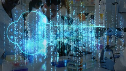Aufkleber - Scientists pipetting liquids, sparking code forming glowing key icon unlocking research insights