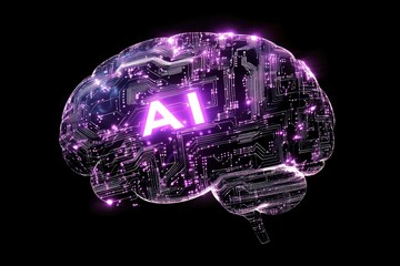 Poster - Glowing brain with AI text, purple circuitry, dark background, high tech