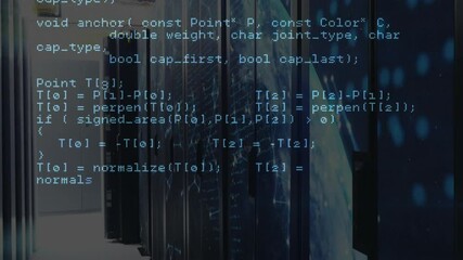 Poster - Code overlay appearing, scrolling through C++ routines while camera panning to reveal server racks