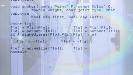 Poster - Opening with C++ code overlay scrolling across server aisle reading HTTP data showing process