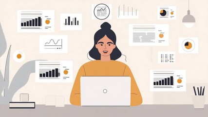 Poster - Young woman using a laptop at desk surrounded by data graphs and financial analysis
