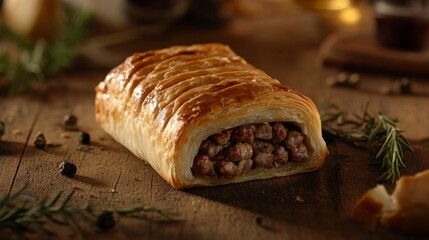 Poster - An appealing image of a gourmet sausage roll, golden-brown and flaky, placed on a rustic wooden table, highlighting the deliciousness of this popular snack